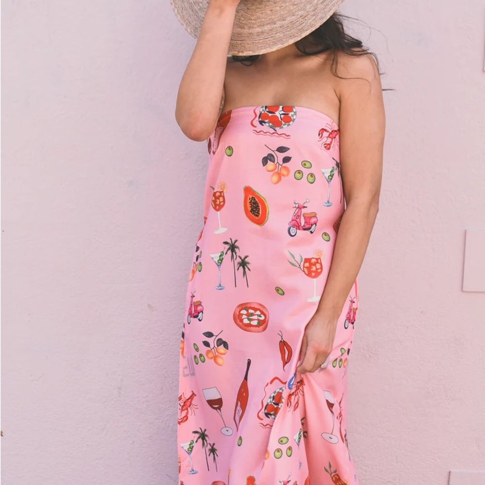 Tropical Pink Strapless Midi Dress